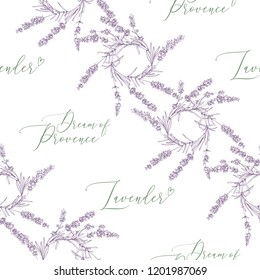Lavender seamless pattern with hand lettering: lavender and Dream of Provence. Purple outline botanical sketch illustration on white background.
