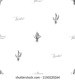 Lavender seamless pattern with herbs and lettering. Black outline vintage sketch on white background. Vector botanical illustration pattern or card design.