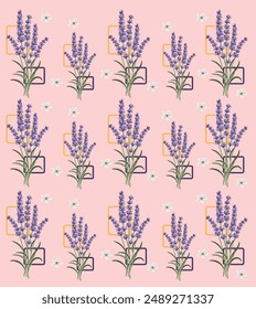 Lavender seamless pattern on purple watercolor abstract background hand drawn foil design