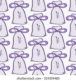Lavender. Seamless pattern with pouches or sachetes on the white background. Hand-drawn original background. Swatch inside. Vector illustration