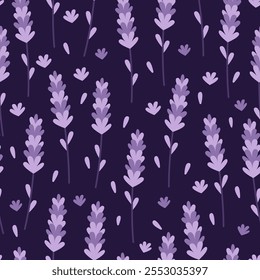 Lavender Seamless Pattern. Purple Floral Design for Natural Products. Provence Flower on Dark Lilac background. 