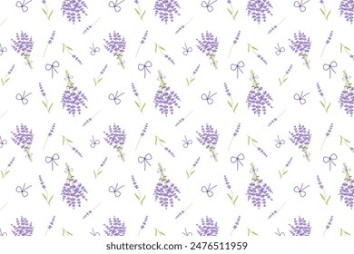 Patrón sin costuras de lavanda con flores púrpura, ramo y arco sobre fondo blanco. Fondo floral, estampado repetido, textura botánica. Ilustración vectorial para textil, envoltura.