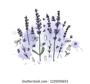 Lavender set composition in doodle style. Flowers elements with watercolor splash isolated on white background. Vector illustration.