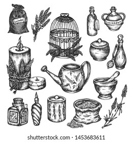 Lavender set isolated on white Vector hand drawn illustration Provance floral design Vintage collection of lavender flowers ink sketch herbal oil Medical plant Cosmetic jar, aromatic candle