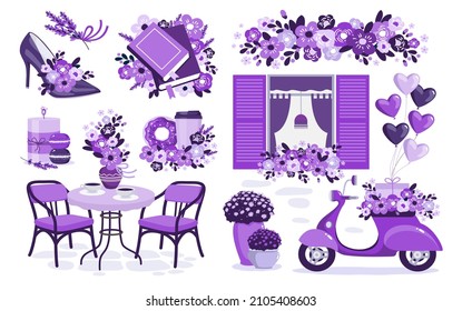 Lavender set with a moped, flowers, balloons on the background of a window with shutters. Vector clipart.