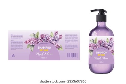 Diseño de etiquetas de champú de lavanda, ilustración vectorial de la plantilla del frasco de champú, diseño de etiquetas vectoriales, paquete EPS, etiqueta y mofa