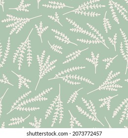 Lavender silhouette seamless repeat pattern. Random placed, vector flowering plants all over surface print on sage green background.