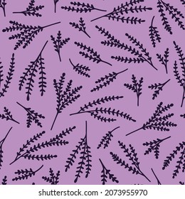 Lavender silhouette seamless repeat pattern. Random placed, vector flowering plants all over surface print on lilac background.