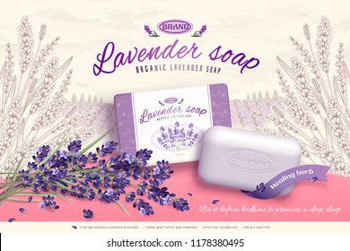 Lavender soap ads with blooming flowers ingredients in 3d illustration, engraved elegant garden background