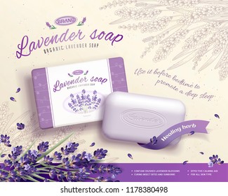 Anúncios de sabão de lavanda com ingredientes de flores em flor em ilustração 3D, fundo floral gravado