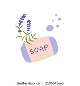 Lavender soap bar with soap bubbles and a lavender flower. Fragrant herb for cosmetics and skincare. Flat vector illustration, hand drawn.