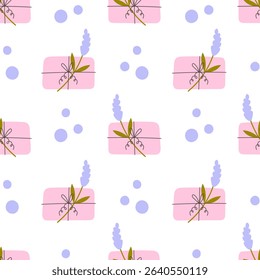 Lavender Soap Bar with Bubbles Seamless Pattern. Handmade handicraft background with drawn floral sprig and tied knot. Pastel colored minimal repeat vector illustration