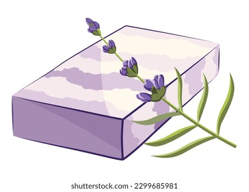 Lavender soap bar with lavender flower. Handmade natural soap. Fragrant herb for cosmetics and skincare. Herbal bodycare promote. Aromatherapy and skin hygiene, eco herbal cosmetics for bath