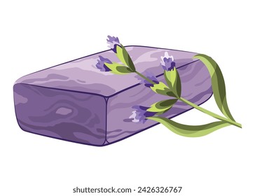 Lavender soap bar with lavender flower. Handmade natural soap. Fragrant herb for cosmetics and skincare. Herbal bodycare promote. Aromatherapy and skin hygiene, eco herbal cosmetics for bath