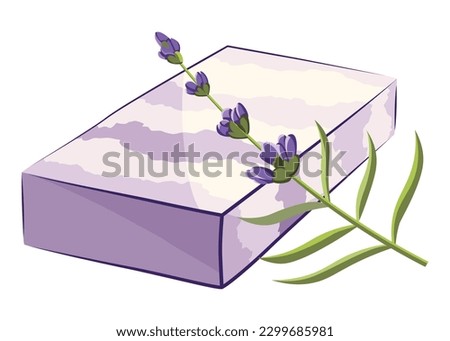 Lavender soap bar with lavender flower. Handmade natural soap. Fragrant herb for cosmetics and skincare. Herbal bodycare promote. Aromatherapy and skin hygiene, eco herbal cosmetics for bath