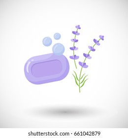 Lavender soap with bubbles vector flat icon, Flat design of bathroom, hygiene or beauty object with round shadow, vector illustration with shadow