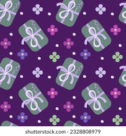 Lavender soap and flowers on purple background seamless pattern
