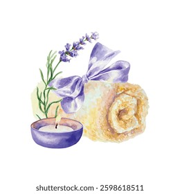 Lavender sprig, candle, rolled towel, watercolor. Hand drawn vector illustration. For design of labels, cards, invitations, SPA salon banners, posters.