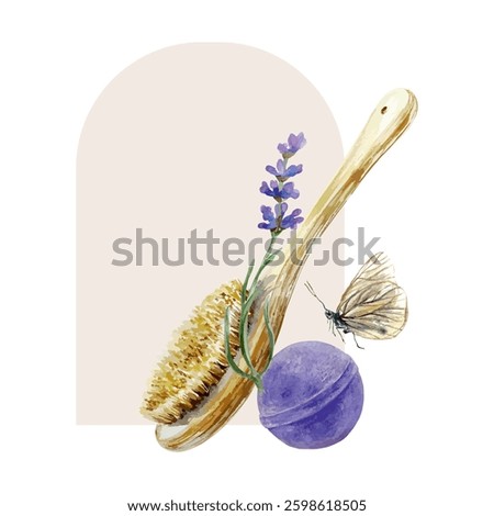 Lavender sprig, massage brush, bath bomb, butterfly, watercolor. Hand drawn vector illustration. For design of labels, cards, invitations, SPA salon banners, posters.