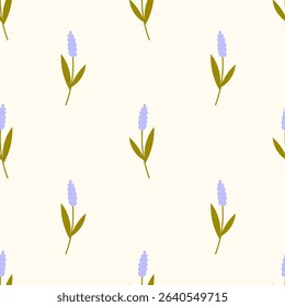Lavender Sprig Seamless Pattern. Minimal floral Background with simple purple flower and leaf. Aromatic Scented repeat vector illustration