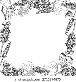 Subgrupos de lavanda con mariposa, Formas de corazón plano, flores de lavandula. Ilustración de marco cuadrado de borde aislado dibujado a mano en tinta de Vector. Logotipo de la tienda, Sitio web, tarjeta de visita, folleto, elemento de fondo