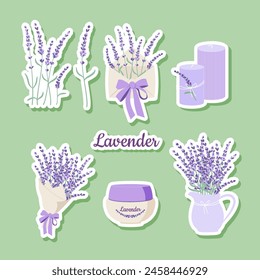Lavender sticker set. Bouquet, branches, envelope, candles, flowers, cosmetics. Vector illustration