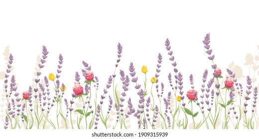 Lavender and summer flowers. Vector illustration, narrow banner with wildflowers, background for postcard - Shutterstock ID 1909315939