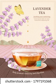 Lavender tea ad, tea cup on wooden table in 3d illustration with lavender flowers and butterfly design element over engraved plantation background