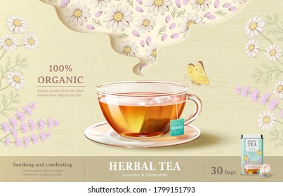 Lavender tea ad, tea cup on beige background in 3d illustration with engraved lavender flowers, chamomile flowers and butterfly design elements