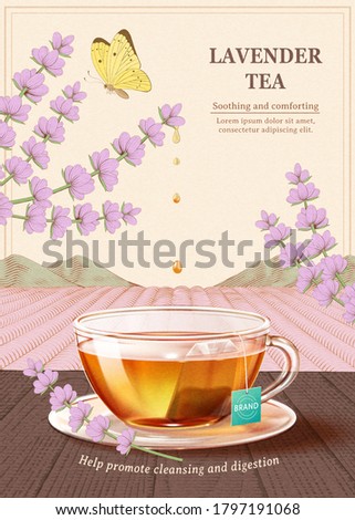 Lavender tea ad, tea cup on wooden table in 3d illustration with lavender flowers and butterfly design element over engraved plantation background