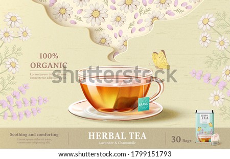 Lavender tea ad, tea cup on beige background in 3d illustration with engraved lavender flowers, chamomile flowers and butterfly design elements