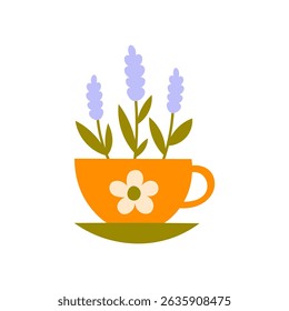 Lavender Tea Cup Icon. Hand drawn herbal scented drink vector illustration in flat style. Minimal cafe restaurant menu kitchen design