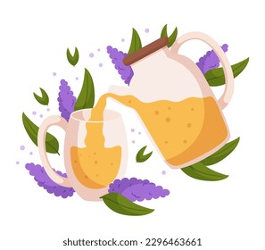 El Té De Lavanda Es Una Fragante Perfusión De Hierbas Hecha De Cebollas De Lavanda Secas. Tiene Una Delicada Aroma Y Sabor Floral Y Se Cree Que Tiene Propiedades Relajantes Y Tranquilizadoras. Ilustración del vector de dibujos animados