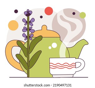 Lavender tea. Kettle or teapot with hot drink and ceramic cup. Herbal tea, aromatic drink. Flat vector illustration