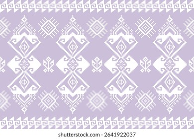 Lavender Thai Pixel Seamless Pattern. Minimalist Pastel Ethnic Design.  A blend of pixel symmetry and soft color palette perfect for modern design needs.