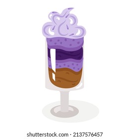 Lavender trifle, a dessert laid out in layers in a glass glass, decorated with whipped cream and flowers. Cute, cozy vector illustration. For a holiday card, banner, menu, coffee shop flyer.