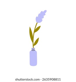 Lavender Twig in small bottle. Essencial oil icon. Scented aromatherapy symbol. Minimal hand drawn vector illustration.