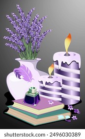 Lavender in a vase by candlelight.Vector illustration with books, candles and a bouquet of lavender in a vase.