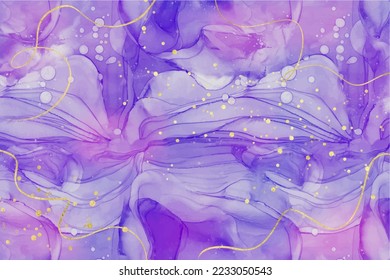 Lavender violet liquid watercolor background with gold. Dark purple marble alcohol ink painting effect. Vector backdrop birthday or wedding invitation, menu flyer and rsvp card or creative design.