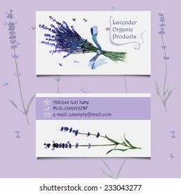 Lavender visit card template in vector with tender violet flowers. Easy editable