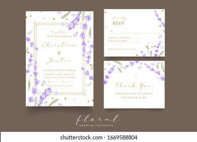 Conjunto de invitación a la boda con acuarela de lavanda 