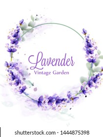 Lavender watercolor wreath Vector. Delicate floral bouquet frame. Spring summer banner template