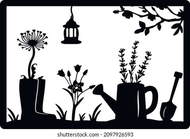 lavender watering can, dandelion rubber boots, garden shovel. silhouette. laser cutting. Vector graphics. eps