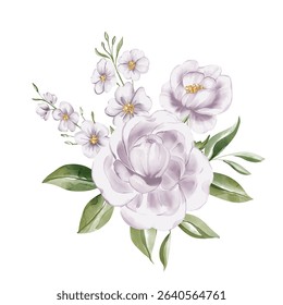 Lavender and White Watercolor Floral Bouquet: Delicate Peonies and Small Blossoms