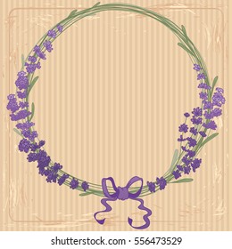 Lavender wreath with a bow on a background of brown paper. The lavender elegant card with frame of flowers.