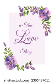 Lavender wreath card, Flowers decor greeting. Vintage style bouquets and Provence wedding ceremony invitation, Vector watercolor.