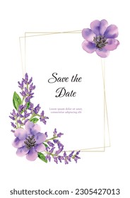 Lavender wreath card, Flowers decor greeting. Vintage style bouquets and Provence wedding ceremony invitation, Vector watercolor.