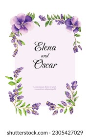 Tarjeta de corona de lavanda, bienvenida decorativa de flores. Buquetos de estilo vintage y invitación a la ceremonia de boda provenzal, acuarela vectorial.