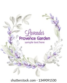 Lavender wreath card Vector watercolor. Provence flowers delicate wedding, ceremony, posters