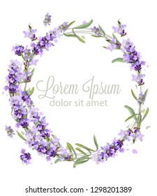 Lavender wreath card watercolor Vector. Delicate flowers bouquet. Spring banner